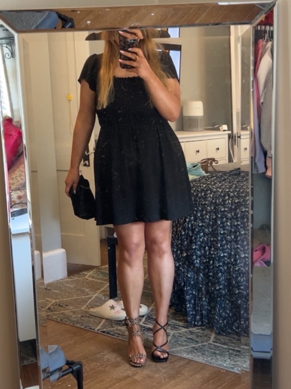 Black Short Sleeve Fit-and-Flare Dress